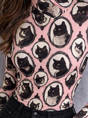 Pink Cat Mom Top Long Sleeves Y2K Indie Cat Lover Blouse Coquette Girl M/L